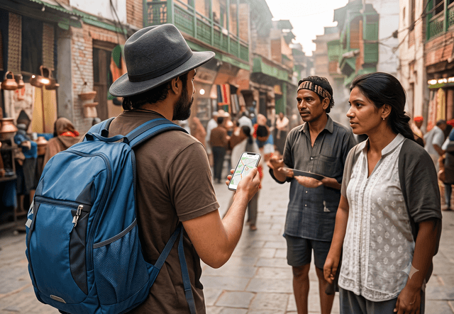 Tourists interacting with locals on a street