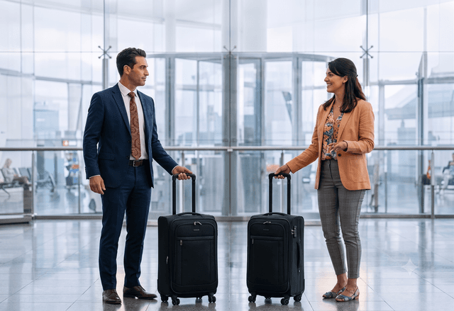 Two people with luggage at an airport terminal